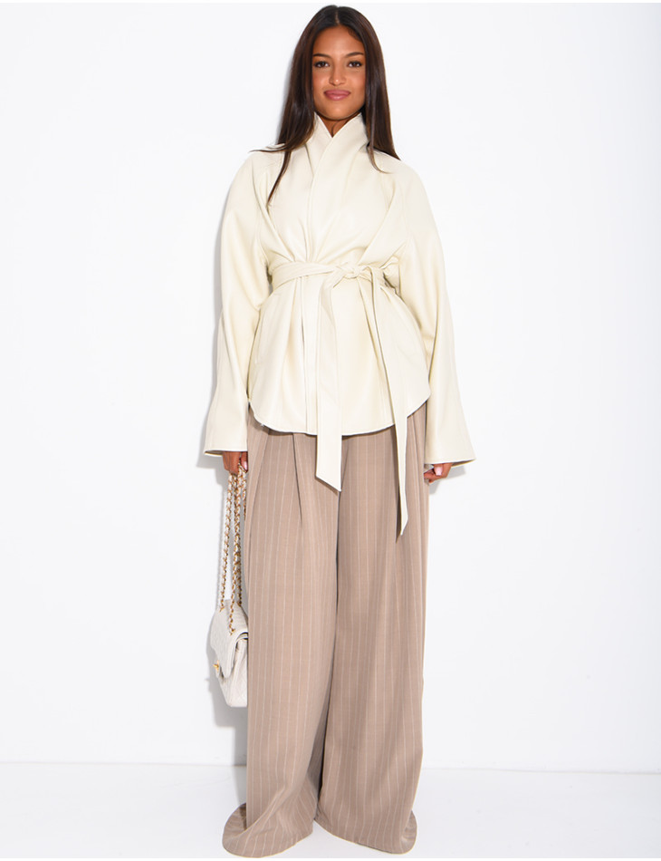 Mid-length, tie-front coat in grained faux leather
