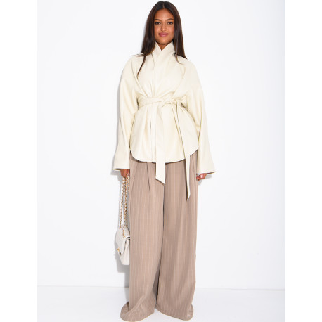 Mid-length, tie-front coat in grained faux leather