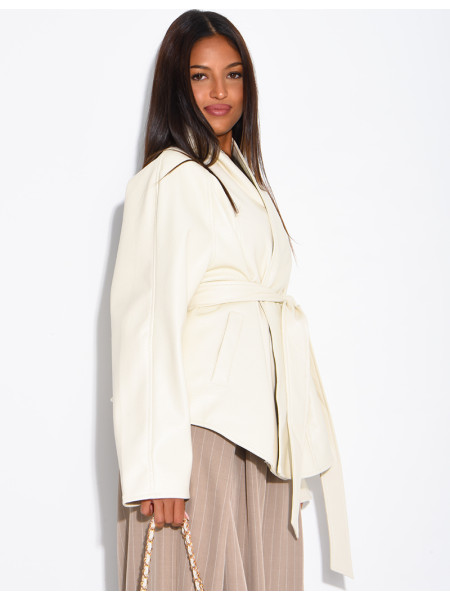 Mid-length, tie-front coat in grained faux leather
