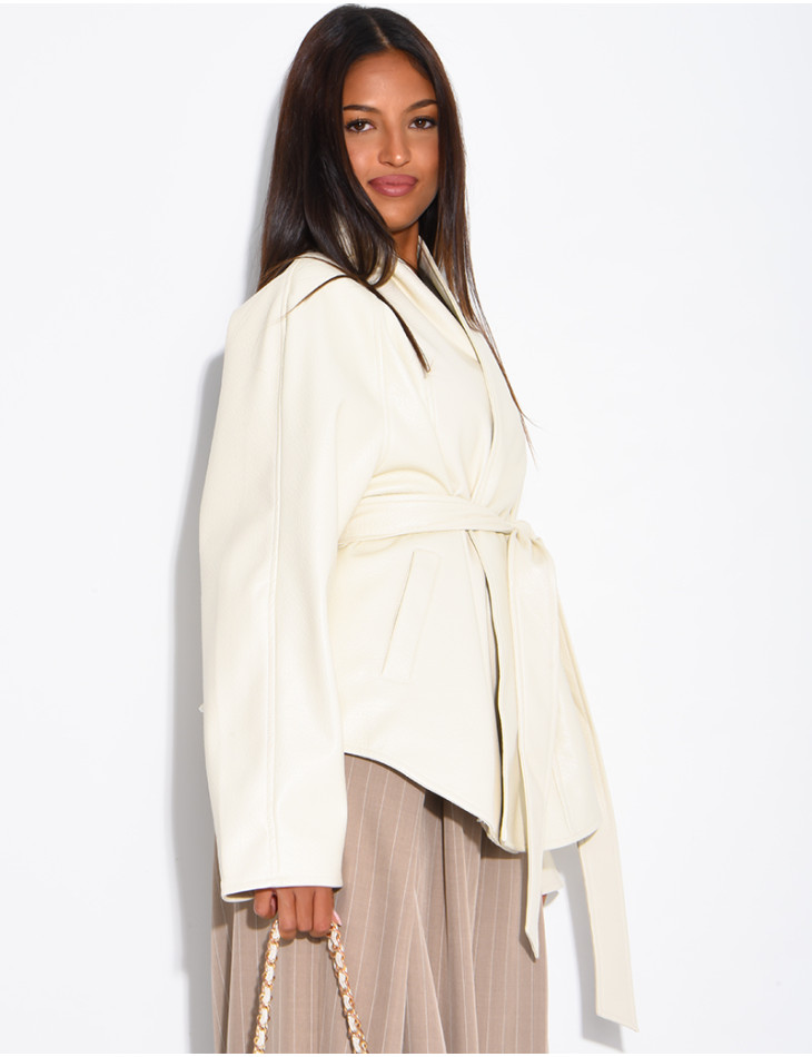 Mid-length, tie-front coat in grained faux leather