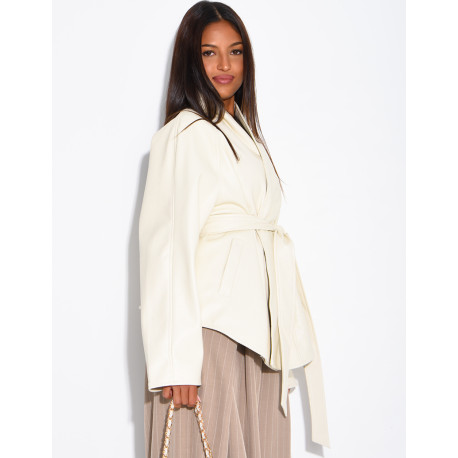 Mid-length, tie-front coat in grained faux leather