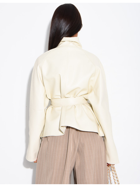 Mid-length, tie-front coat in grained faux leather