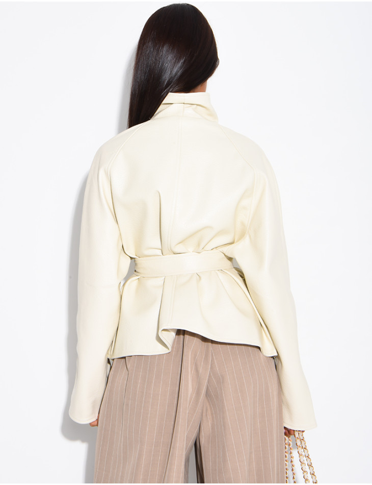Mid-length, tie-front coat in grained faux leather