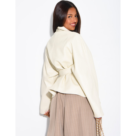 Mid-length, tie-front coat in grained faux leather
