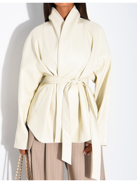 Mid-length, tie-front coat in grained faux leather