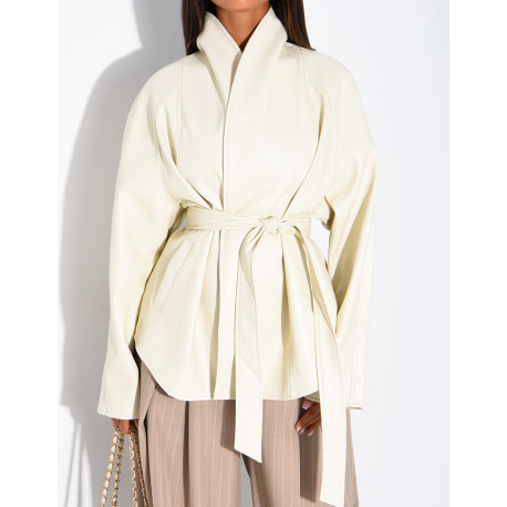 Mid-length, tie-front coat in grained faux leather