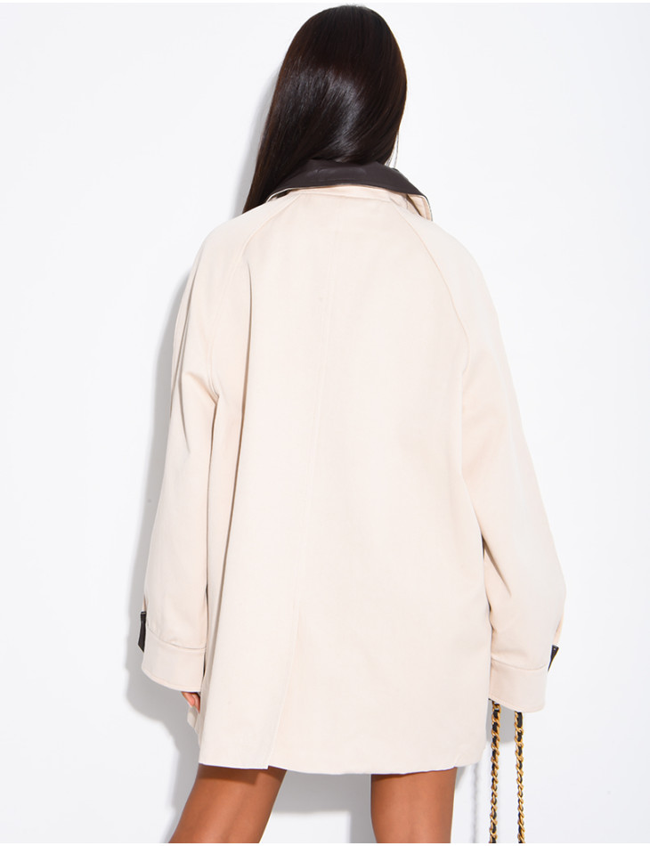 Oversize-Jacke in mittlerer Länge mit Kunstlederkragen