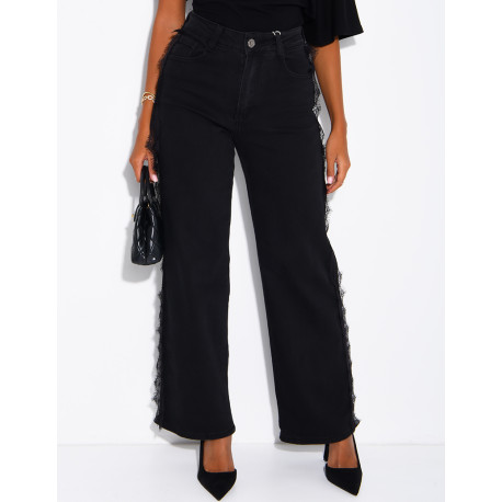 Jeans mit weitem Bein, verwaschener Optik und Spitzeneinsätzen an den Seiten