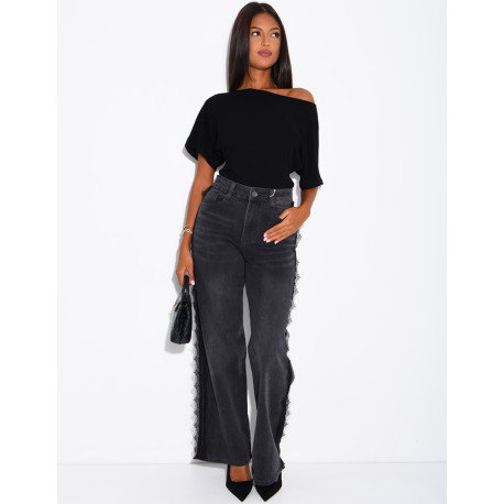 Jeans wide leg délavé à empiècements dentelle sur les côtés
