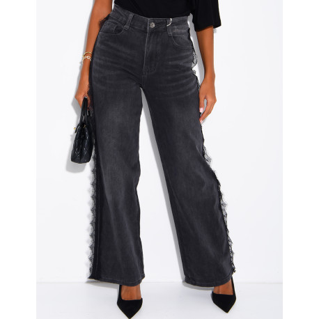 Jeans wide leg délavé à empiècements dentelle sur les côtés