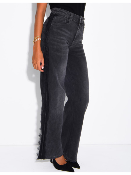 Jeans wide leg délavé à empiècements dentelle sur les côtés