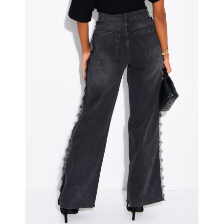 Jeans wide leg délavé à empiècements dentelle sur les côtés