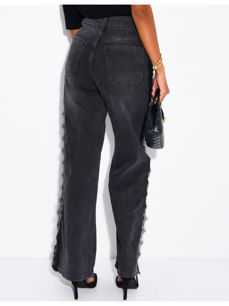 Jeans wide leg délavé à empiècements dentelle sur les côtés