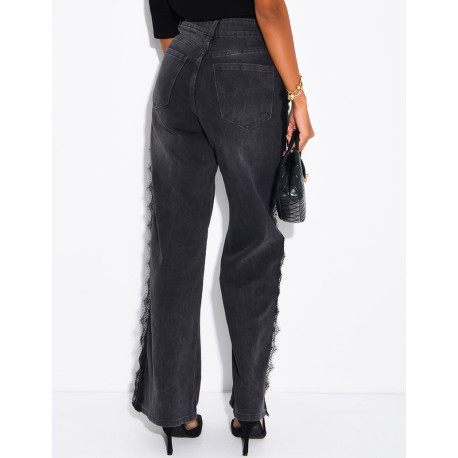 Jeans wide leg délavé à empiècements dentelle sur les côtés
