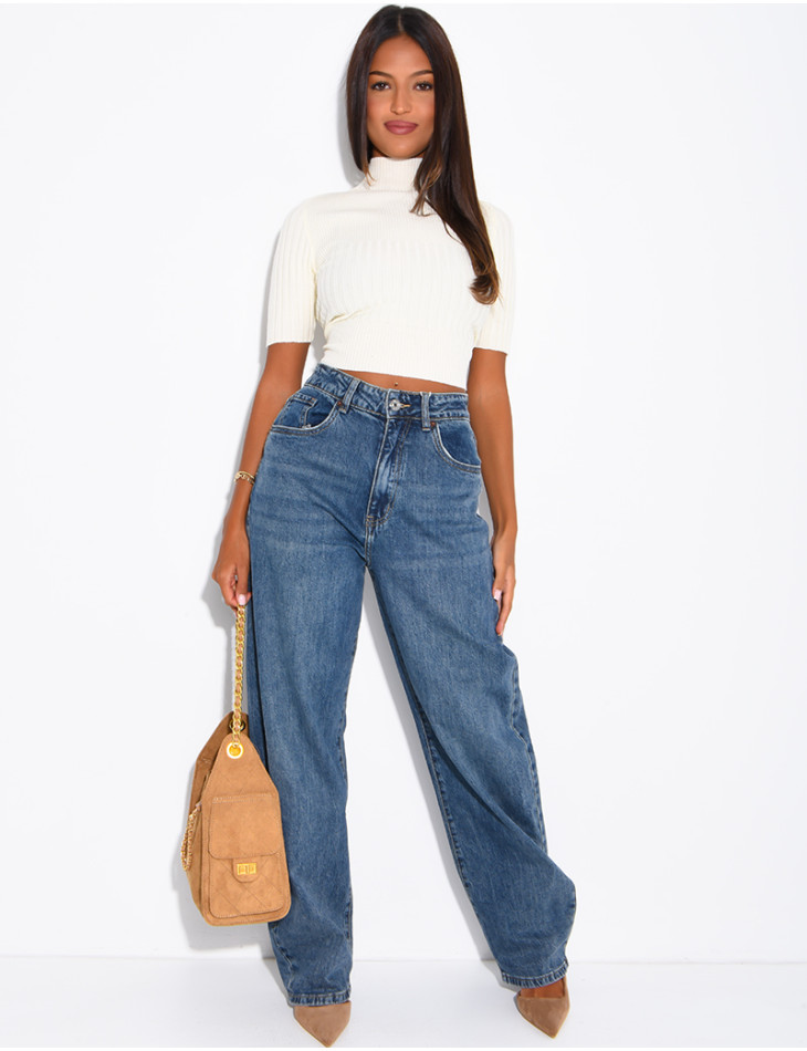High-waisted, faded barrel-cut jeans