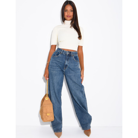 High-waisted, faded barrel-cut jeans