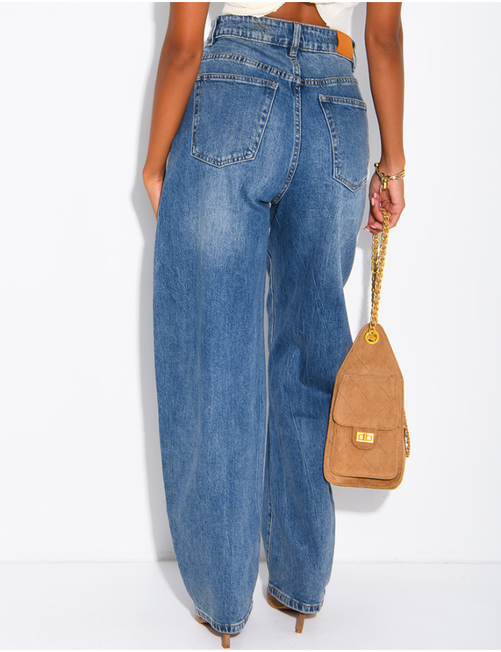 Hoch taillierte Barrel-Jeans mit Waschung und Einsätzen