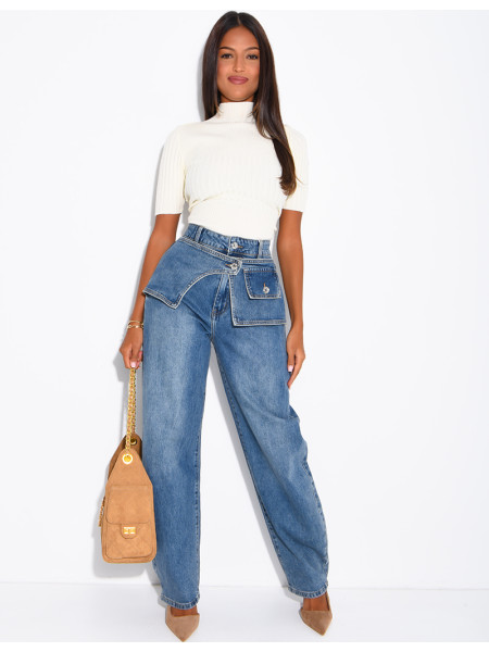 Hoch taillierte Barrel-Jeans mit Waschung und Einsätzen