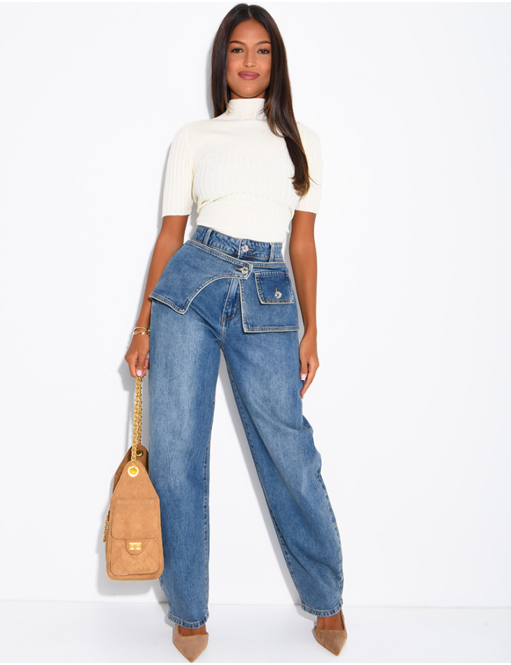 Hoch taillierte Barrel-Jeans mit Waschung und Einsätzen
