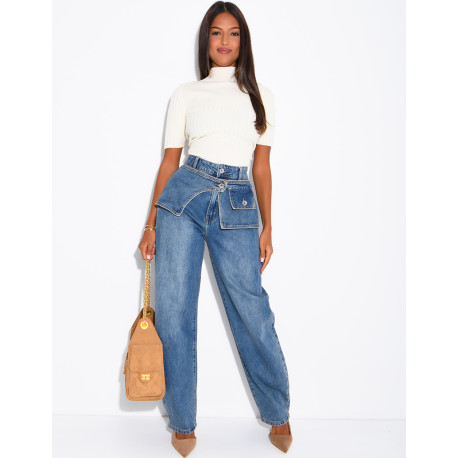 Hoch taillierte Barrel-Jeans mit Waschung und Einsätzen