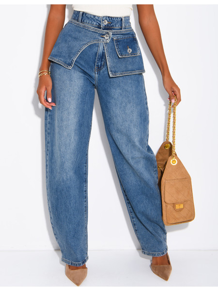 Hoch taillierte Barrel-Jeans mit Waschung und Einsätzen