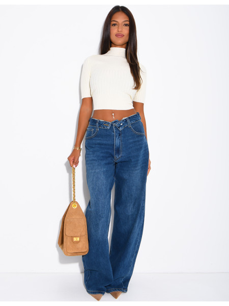 Jeans mit weitem Bein, verwaschener Optik und Umschlag an der Taille