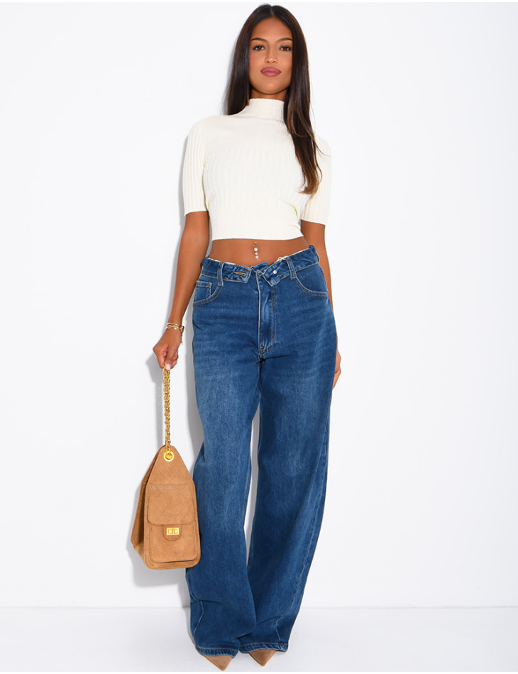 Jeans mit weitem Bein, verwaschener Optik und Umschlag an der Taille