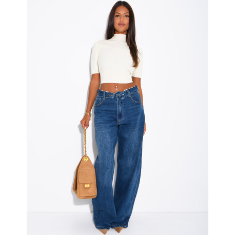 Jeans mit weitem Bein, verwaschener Optik und Umschlag an der Taille