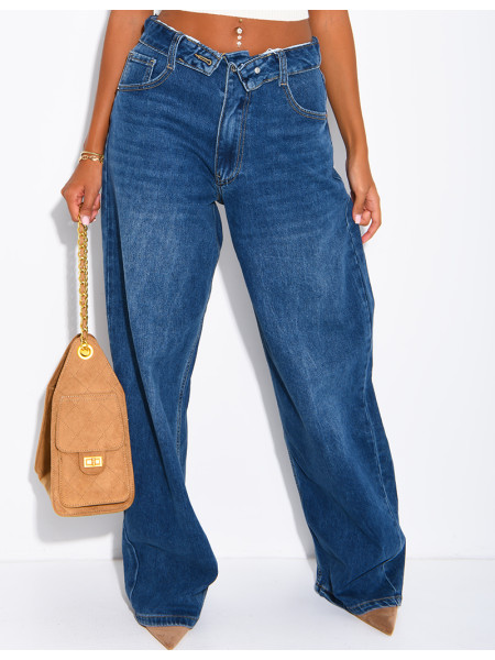 Jeans mit weitem Bein, verwaschener Optik und Umschlag an der Taille
