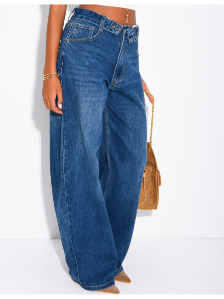 Jeans mit weitem Bein, verwaschener Optik und Umschlag an der Taille