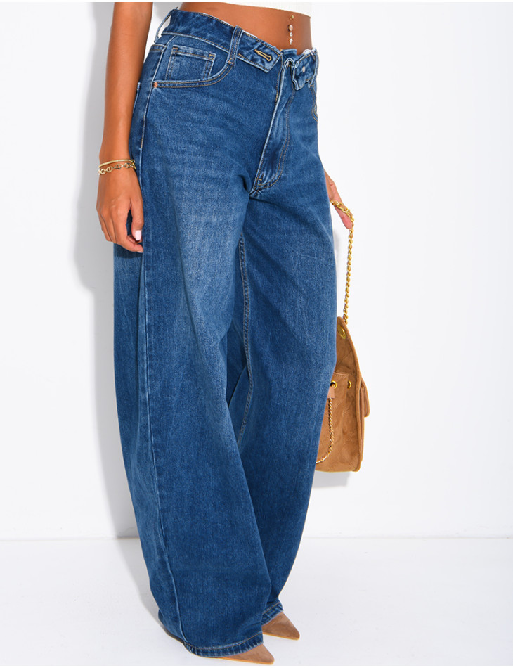 Jeans mit weitem Bein, verwaschener Optik und Umschlag an der Taille