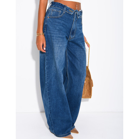 Jeans mit weitem Bein, verwaschener Optik und Umschlag an der Taille