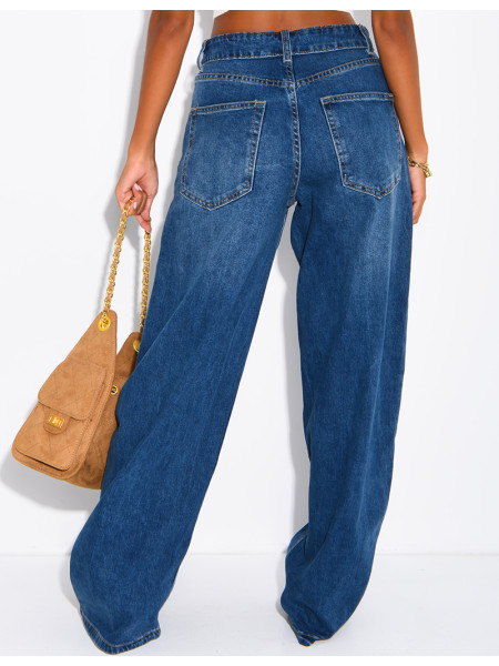Jeans mit weitem Bein, verwaschener Optik und Umschlag an der Taille