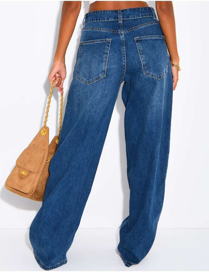 Jeans mit weitem Bein, verwaschener Optik und Umschlag an der Taille