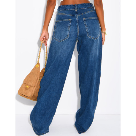 Jeans mit weitem Bein, verwaschener Optik und Umschlag an der Taille