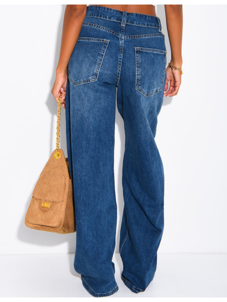Jeans mit weitem Bein, verwaschener Optik und Umschlag an der Taille