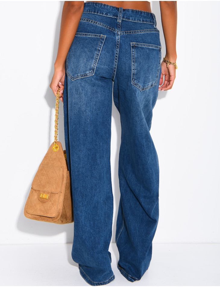Jeans mit weitem Bein, verwaschener Optik und Umschlag an der Taille