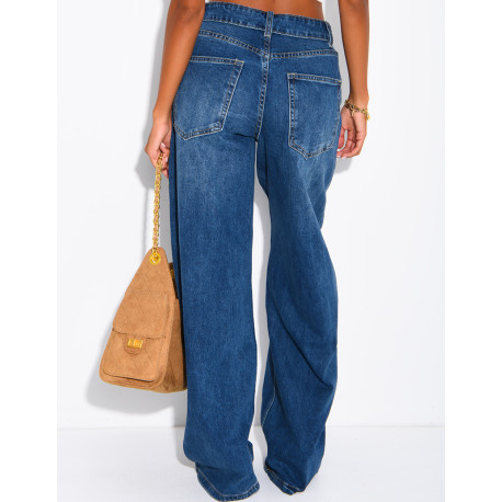 Jeans mit weitem Bein, verwaschener Optik und Umschlag an der Taille