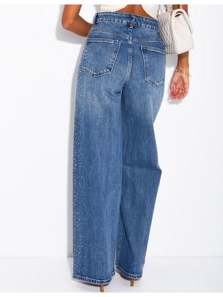 Jeans coupe droite délavé à strass