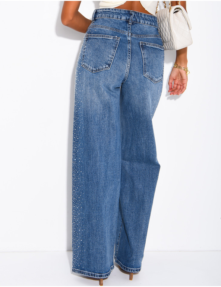 Jeans coupe droite délavé à strass