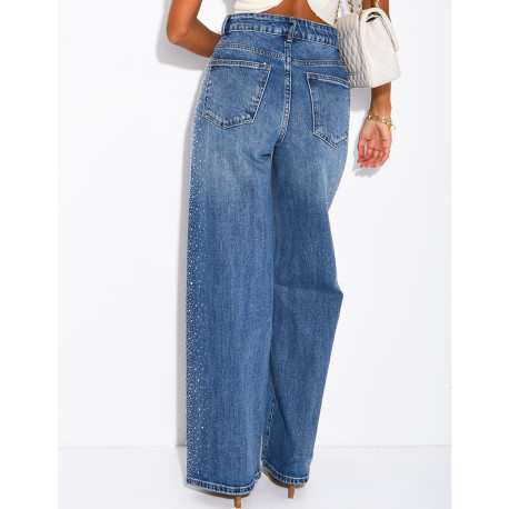 Jeans coupe droite délavé à strass