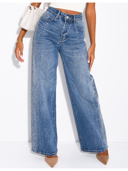 Jeans coupe droite délavé à strass