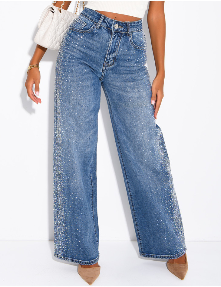 Jeans coupe droite délavé à strass