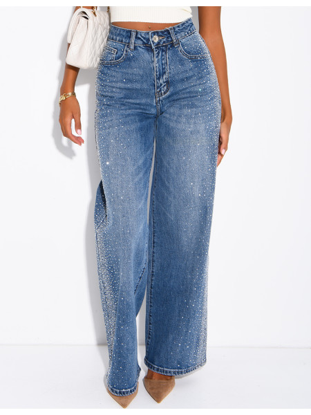 Jeans coupe droite délavé à strass