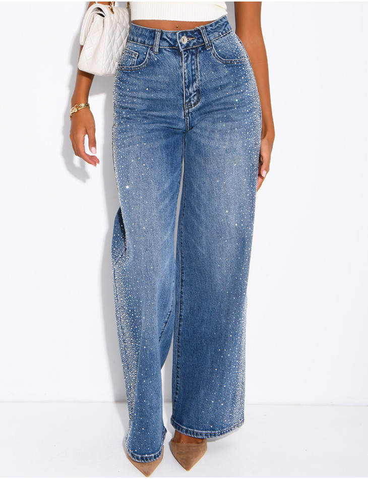 Jeans coupe droite délavé à strass