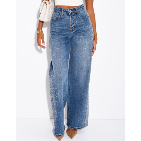 Jeans coupe droite délavé à strass