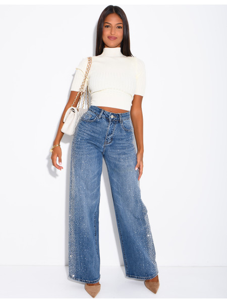 Jeans coupe droite délavé à strass