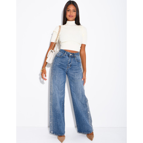 Jeans coupe droite délavé à strass