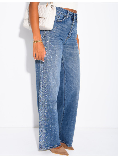 Jeans coupe droite délavé à strass