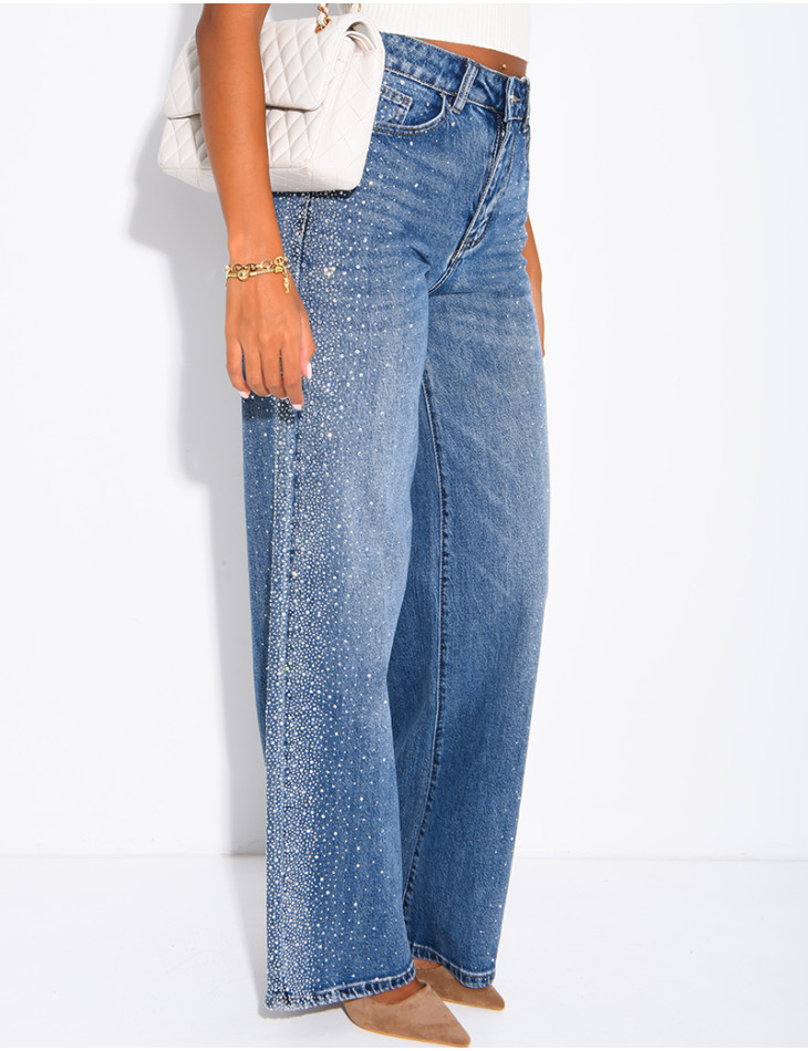 Jeans coupe droite délavé à strass